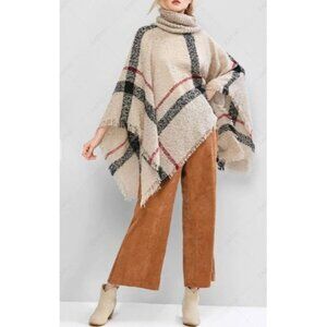 Mixit Sweater Poncho Womens One Size Beige Plaid Frayed Turtleneck Fringe Boho